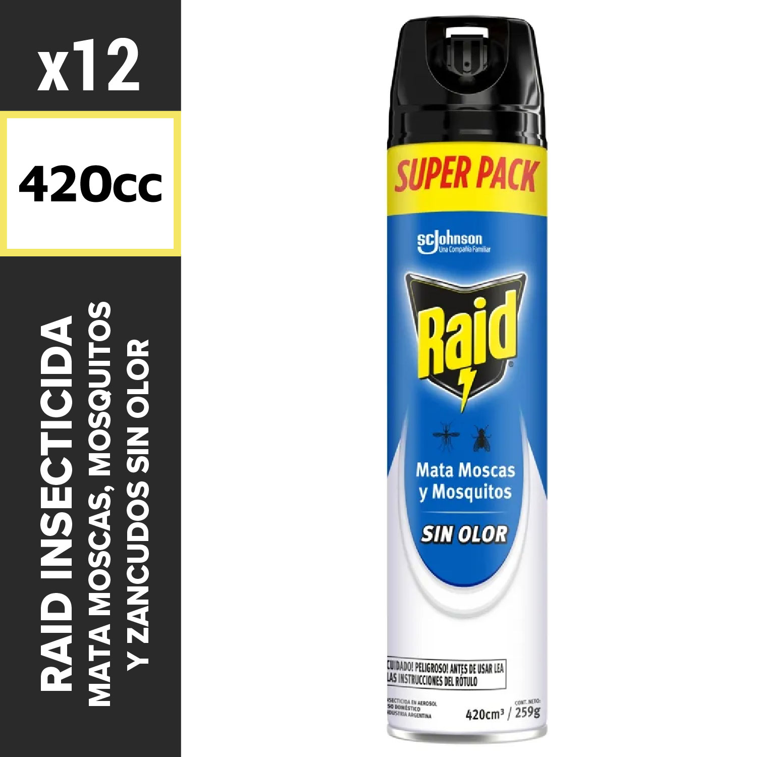 Raid Insecticida 420cc Mata Moscas Mosquitos y Zancudos Sin Olor
